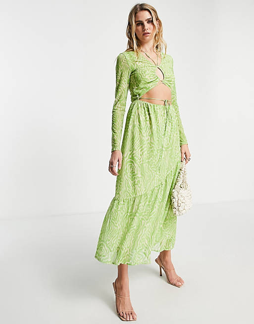 & Other Stories polyester mesh cut out maxi dress in green zebra print -  MULTI