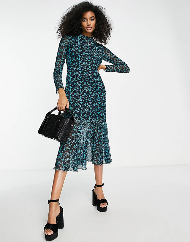 & Other Stories - polyester smocked midi dress in blue print - mblue