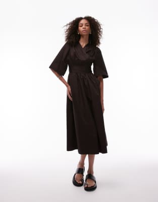 & OTHER STORIES POPLIN MIDAXI DRESS WITH WRAP FRONT AND PUFF SLEEVES 