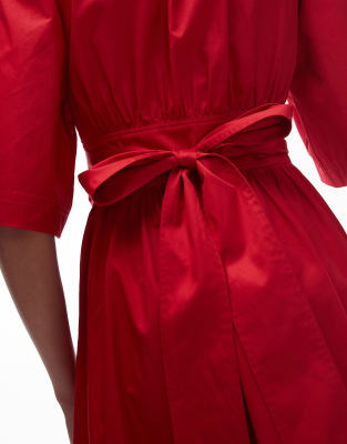 & Other Stories Poplin Midaxi Dress With Wrap Front And Puff Sleeves In Red