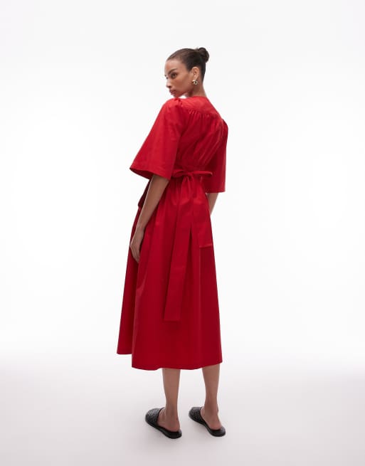 & Other Stories poplin midaxi dress with wrap front and puff sleeves in red, 3 of 4