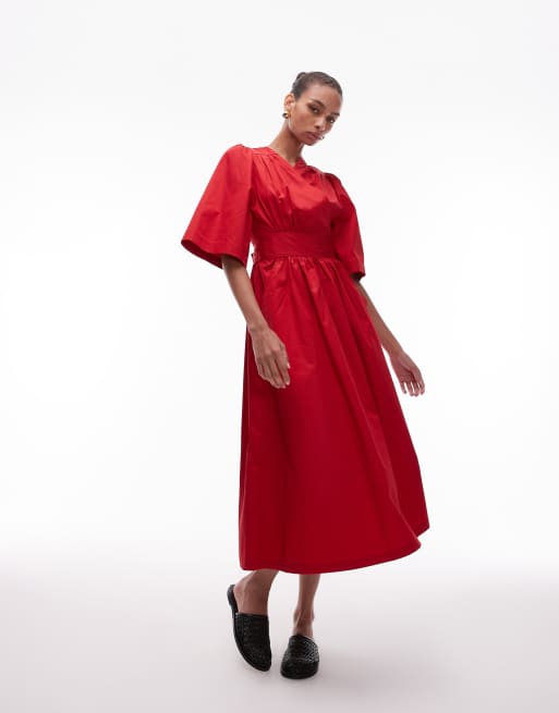 & Other Stories poplin midaxi dress with wrap front and puff sleeves in red, 4 of 4