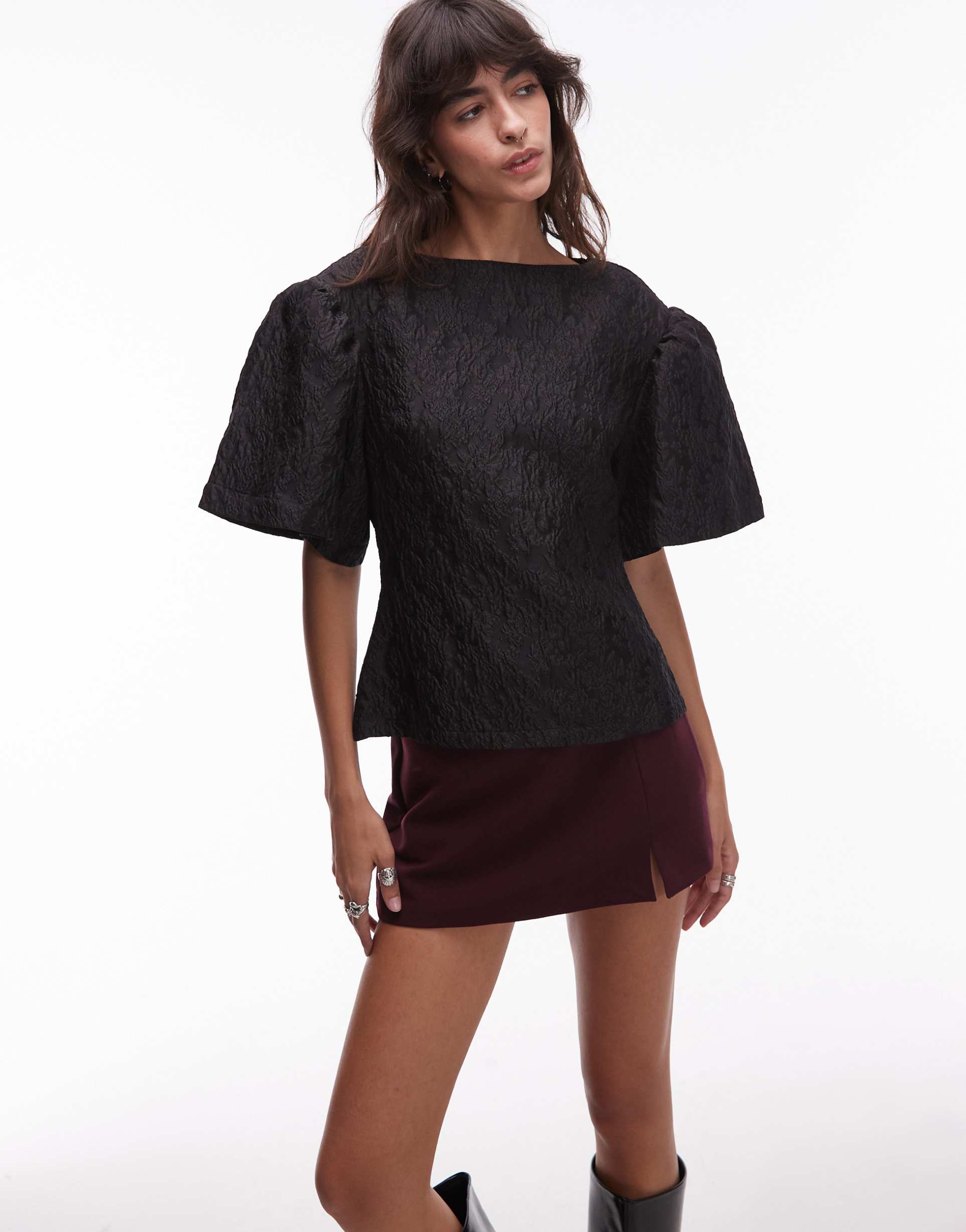 & other stories pouf sleeve jacquard textured top in black