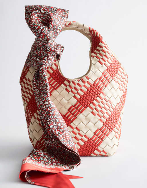 & Other Stories premium braided leather mini shopper bag in red and white check, 2 of 4
