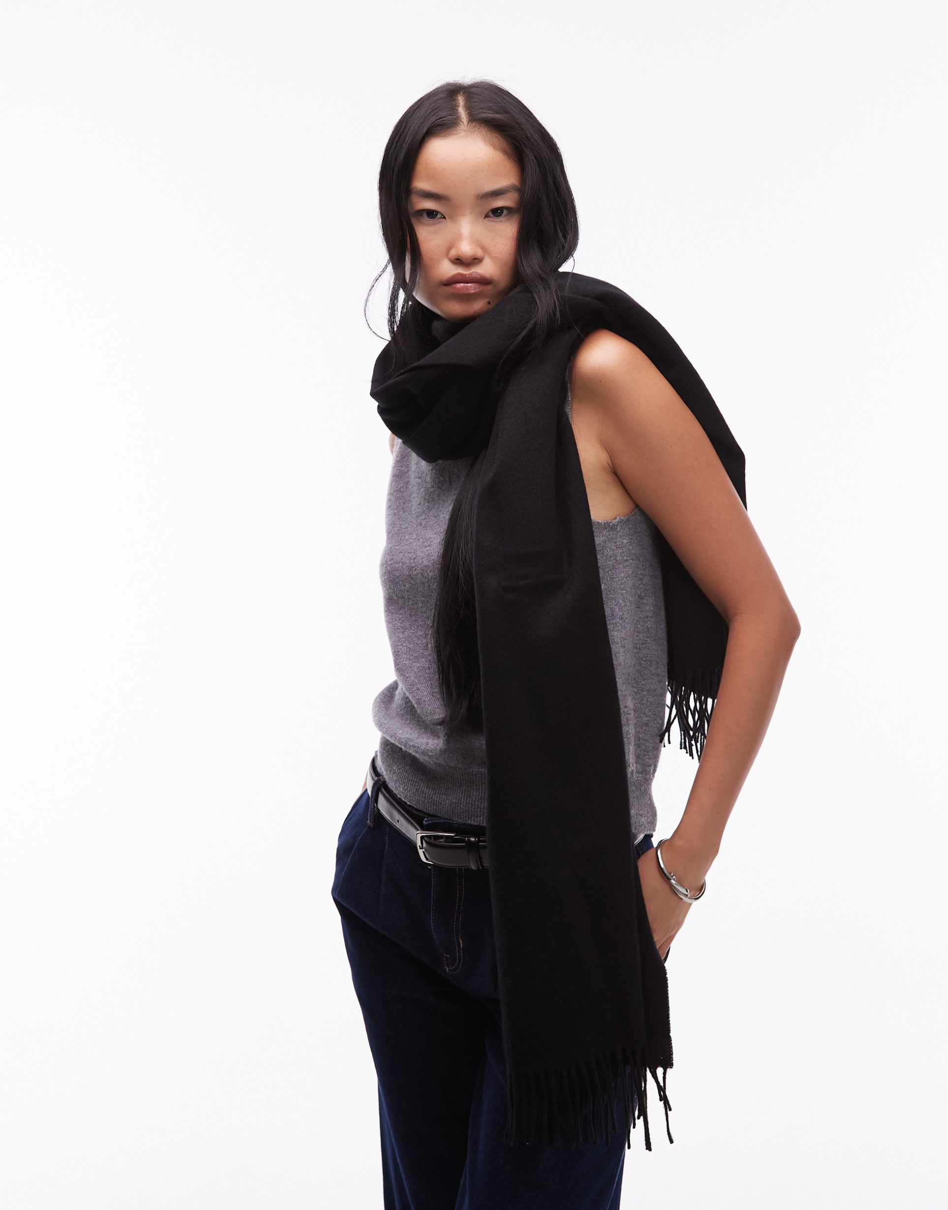 & other stories premium fringed edges pure wool scarf in black