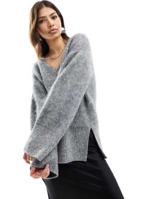 & Other Stories premium knit wool blend relaxed sweater with v neck in gray melange