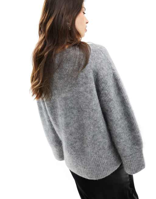 & Other Stories premium knit wool blend relaxed sweater with v neck in gray melange, 4 of 4