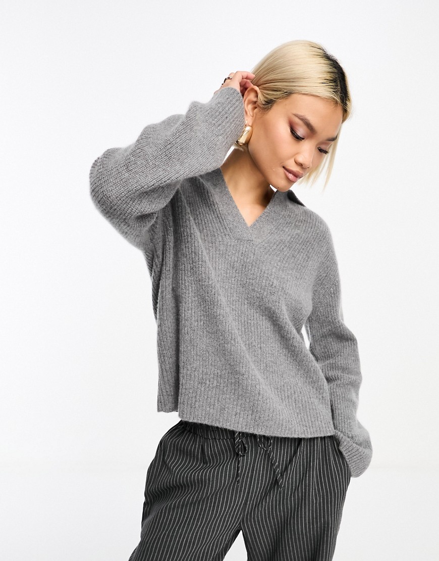 & Other Stories premium knit wool polo collar jumper in grey