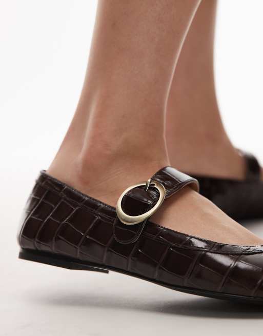 & Other Stories Premium leather mary jane buckle ballet flats in brown croc, 3 of 4