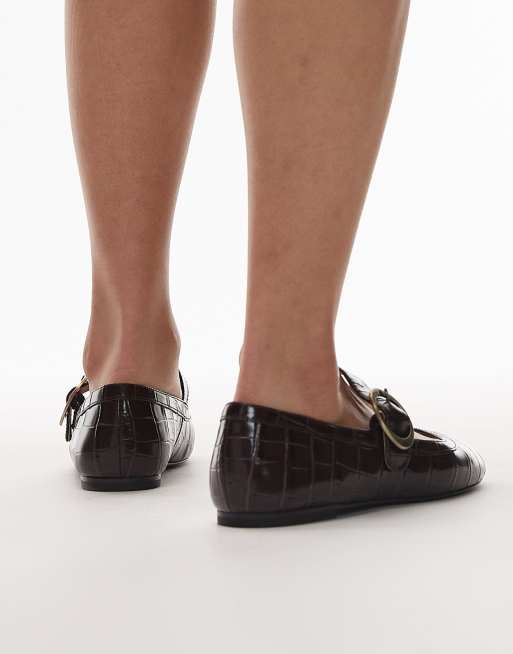 & Other Stories Premium leather mary jane buckle ballet flats in brown croc, 4 of 4