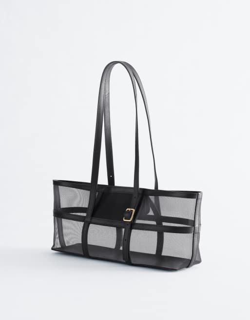 & Other Stories premium leather mesh tote shoulder bag in black, 4 of 4