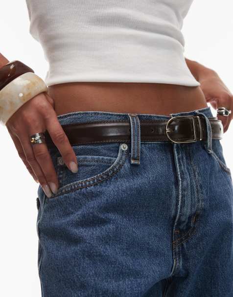 & Other Stories premium leather mid waist belt with square gold buckle in brown - view 1