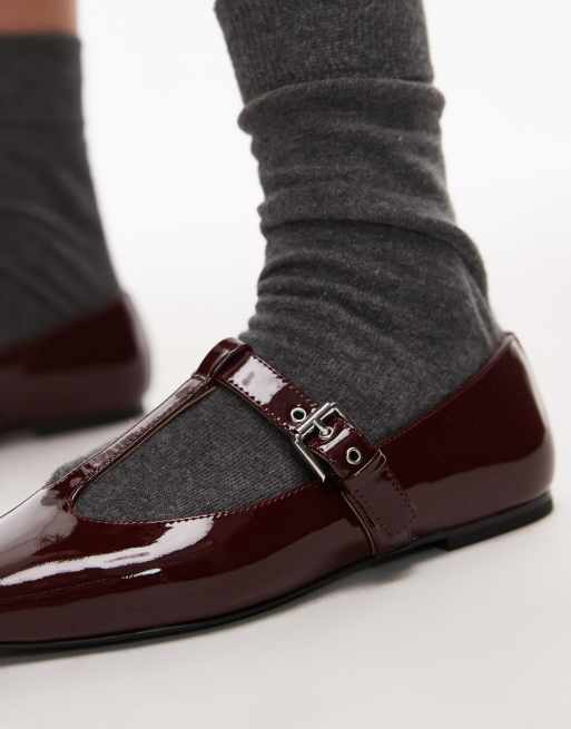 & Other Stories premium leather patent t-bar ballet flats in dark red, 2 of 4