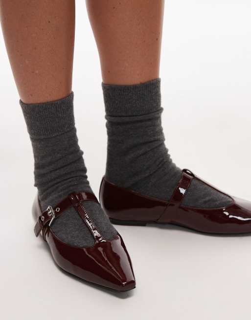 & Other Stories premium leather patent t-bar ballet flats in dark red, 4 of 4