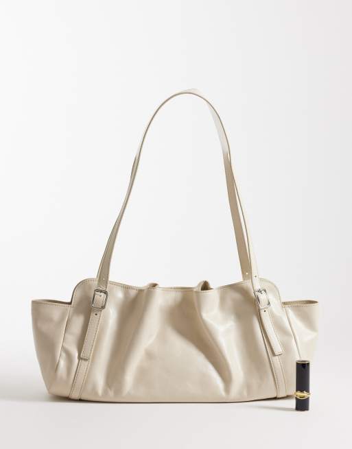 & Other Stories premium leather shoulder bag with ruched belt detail in cream, 2 of 4