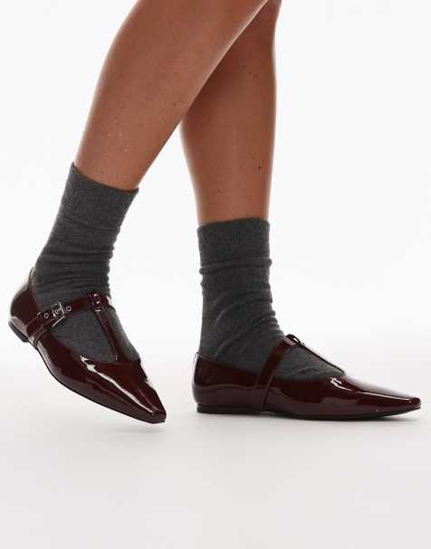 & Other Stories premium leather t-bar ballerina ballet shoes with suede lining in dark red - view 1