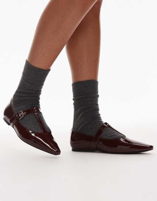 & Other Stories premium leather t-bar ballerina ballet shoes with suede lining in dark red