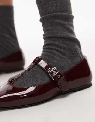& Other Stories Premium Leather T-bar Ballerina Ballet Shoes With Suede Lining In Red