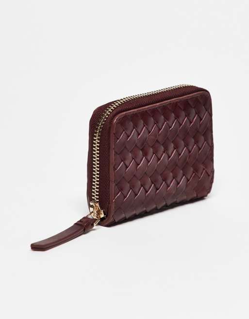& Other Stories premium real leather braided zip wallet in dark red burgundy, 2 of 3