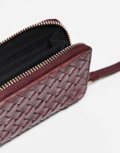 & Other Stories premium real leather braided zip wallet in dark red burgundy, 3 of 3