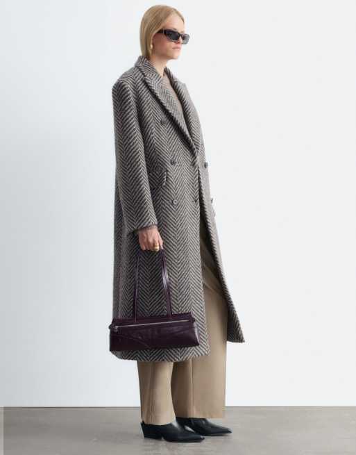 & Other Stories Premium wool double breasted maxi coat with bold shoulder details in  beige herringbone , 2 of 3