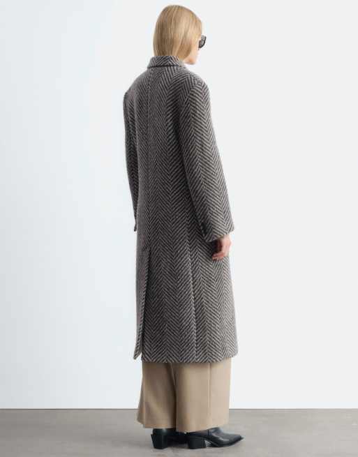 & Other Stories Premium wool double breasted maxi coat with bold shoulder details in  beige herringbone , 3 of 3