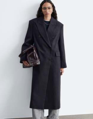 & Other Stories Premium Wool Double Breasted Maxi Coat With Bold Shoulder Details In Black
