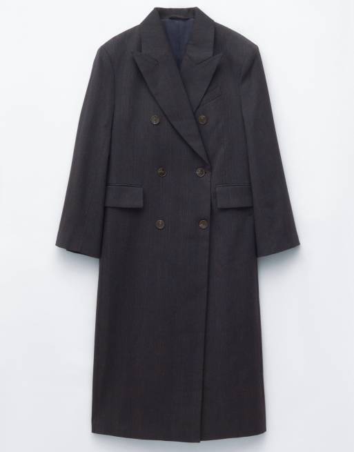 & Other Stories Premium wool double breasted maxi coat with bold shoulder details in brown check , 2 of 5