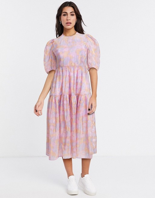 & Other Stories printed puff sleeve midi dress in pink