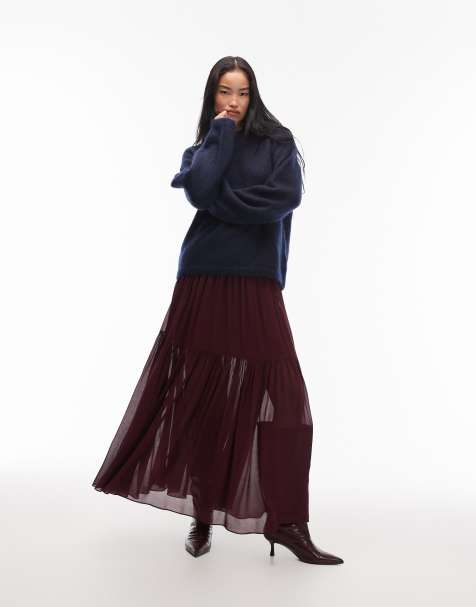 & Other Stories sheer chiffon maxi skirt with volume hem in burgundy