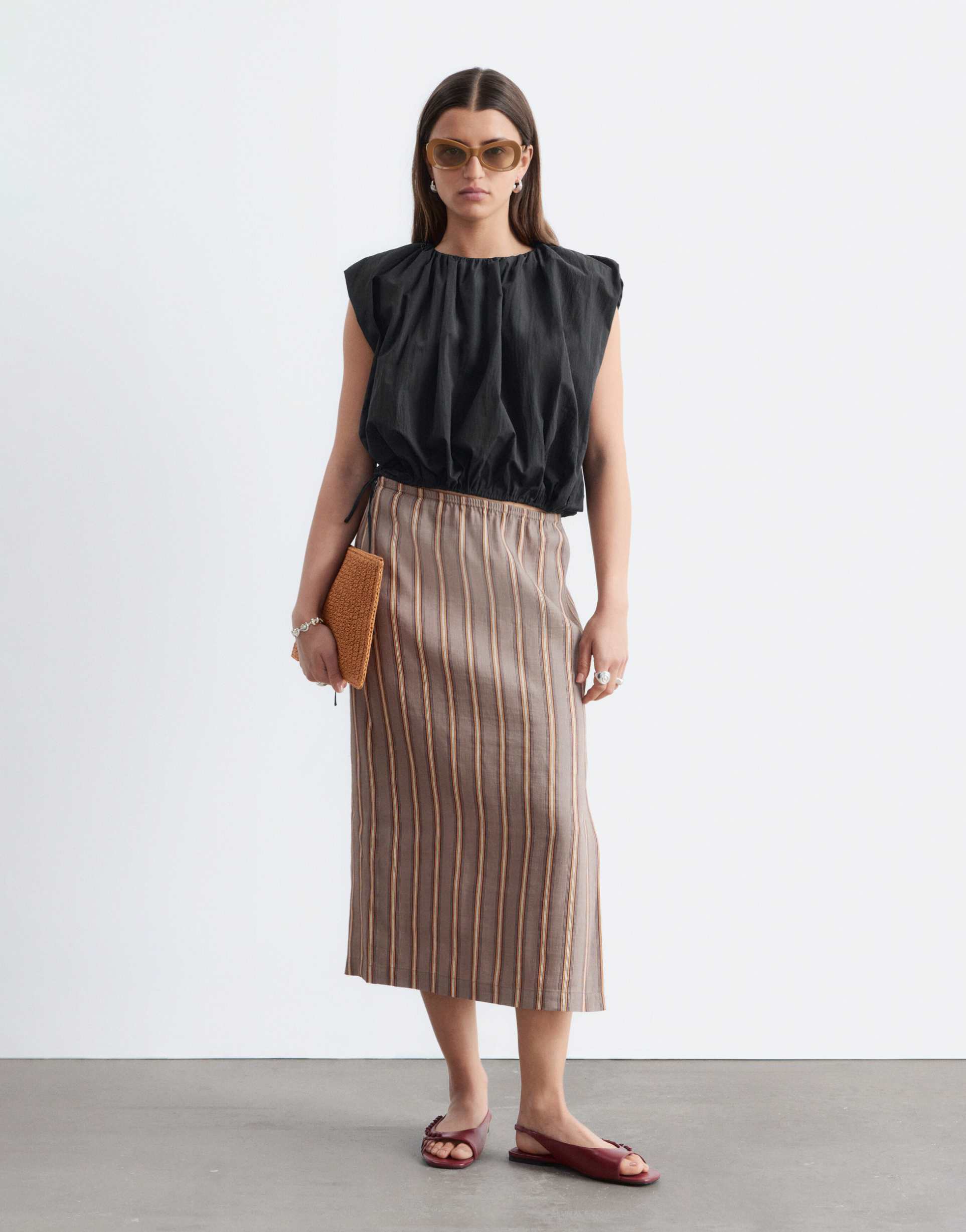 & other stories puff cap sleeve pleated top in black