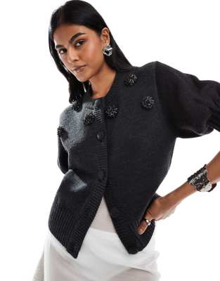 & Other Stories & Other Stories puff elbow sleeves cardigan in grey with black crystal embellishment