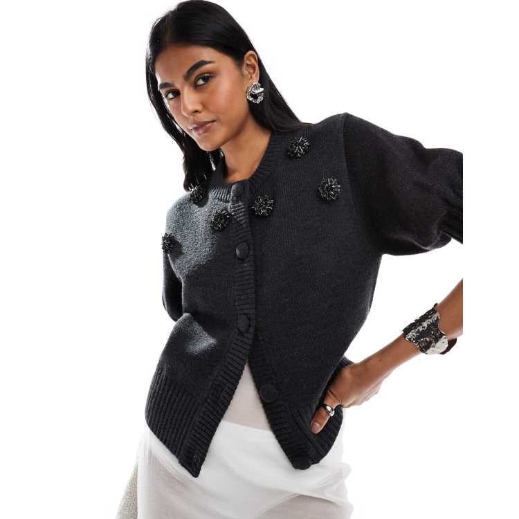 Other Stories puff elbow sleeves cardigan in grey with black crystal embellishment