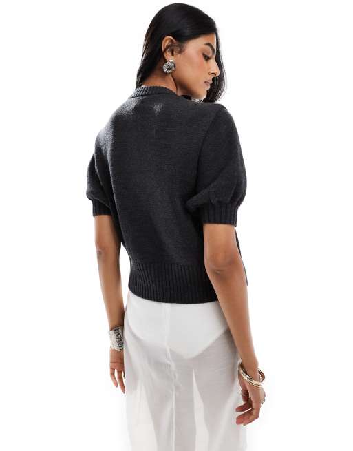 Other Stories puff elbow sleeves cardigan in grey with black crystal embellishment