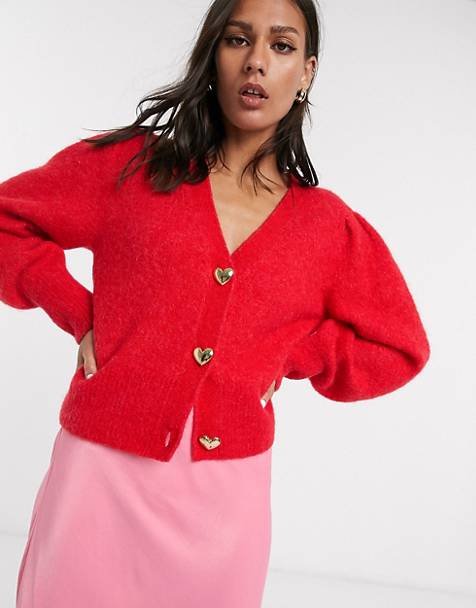 & Other Stories puff sleeve heart-button cardigan in red