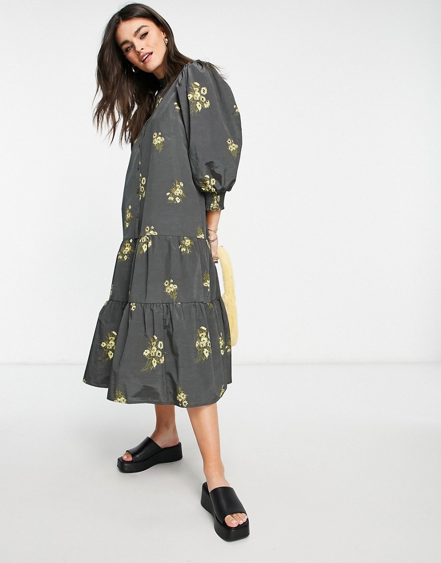 & Other Stories puff sleeve high neck midi smock dress in floral-Multi