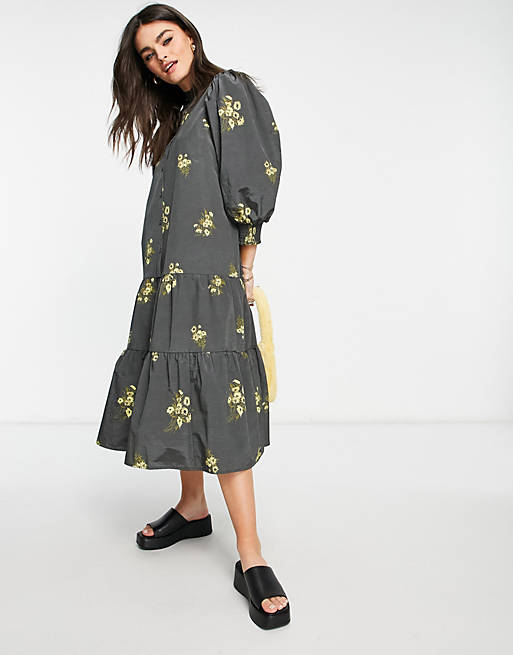 Other Stories Puff Sleeve High Neck Midi Smock Dress In Floral Asos