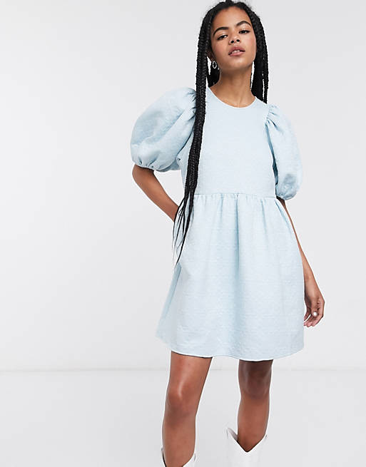 & Other Stories puff sleeve jacquard mini dress in light blue
