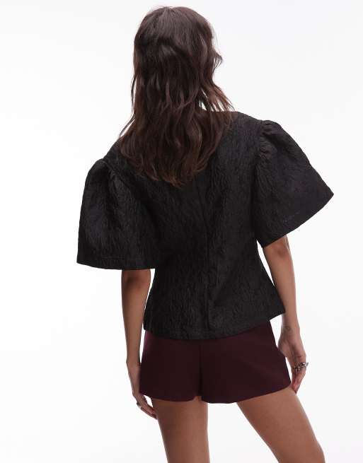 & Other Stories puff sleeve jacquard texture top in black, 3 of 4