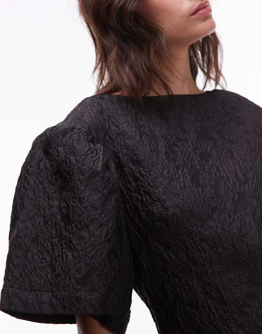 & Other Stories puff sleeve jacquard texture top in black, 4 of 4