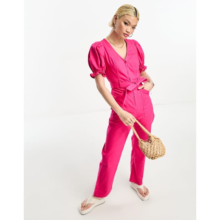 Retro & Vintage Plus Size Hot Pink Puff Sleeve Jumpsuit