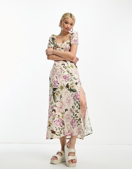 And Other Stories Puff Sleeve Linen Midi Dress In Bird And Floral Print Asos 