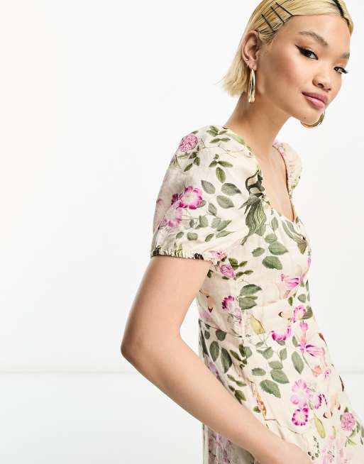 & Other Stories puff sleeve linen midi dress in bird and floral print | ASOS