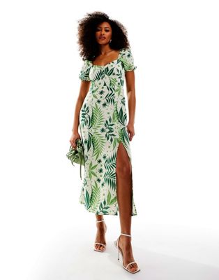 Other Stories &  Puff Sleeve Linen Midi Dress In Fern And Floral Print-green