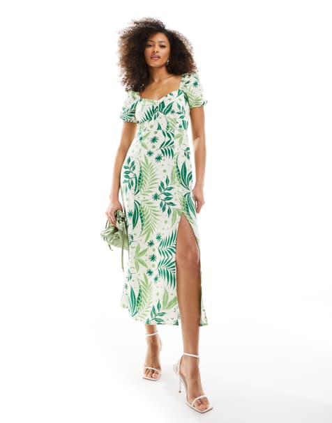 & Other Stories puff sleeve linen midi dress in fern and floral print - view 1