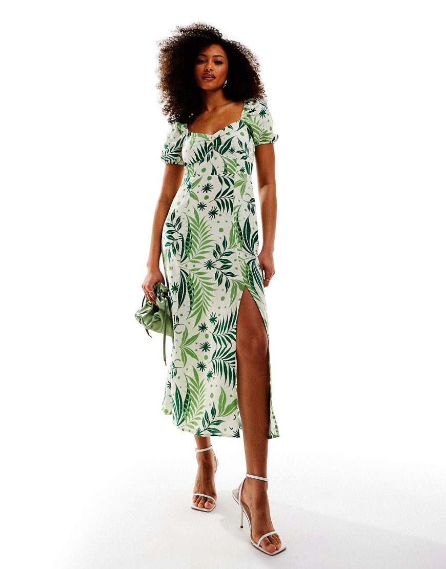 & Other Stories puff sleeve linen midi dress in fern and floral print-Green