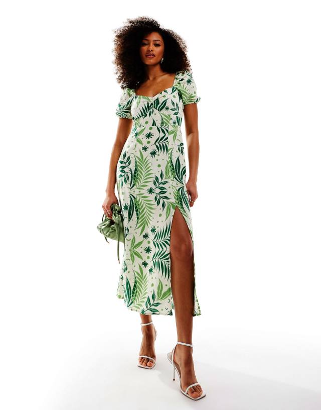 & Other Stories - puff sleeve linen midi dress in fern and floral print