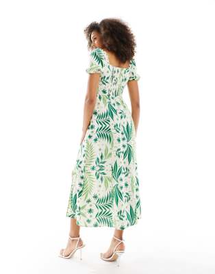 & Other Stories puff sleeve linen midi dress in fern and floral print | ASOS