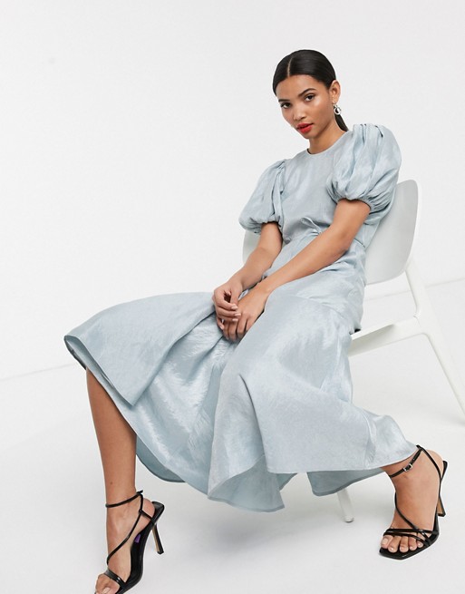 & Other Stories puff sleeve metallic midaxi dress in ice blue