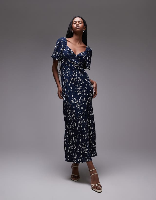 & other stories flowy puff sleeve midi dress midaxi with twist sweetheart neckline in blue abstract print Sleeve linen dress